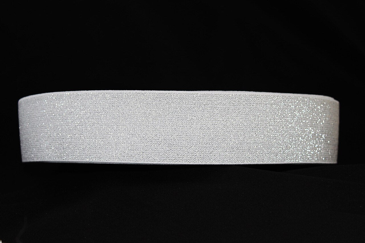 White with Silver Sparkle 60mm wide Exposed Elastic - $6.00 per metre