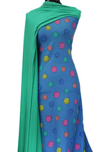 Load image into Gallery viewer, Smiley Faces in Blue Cotton Spandex - $18.50 pm